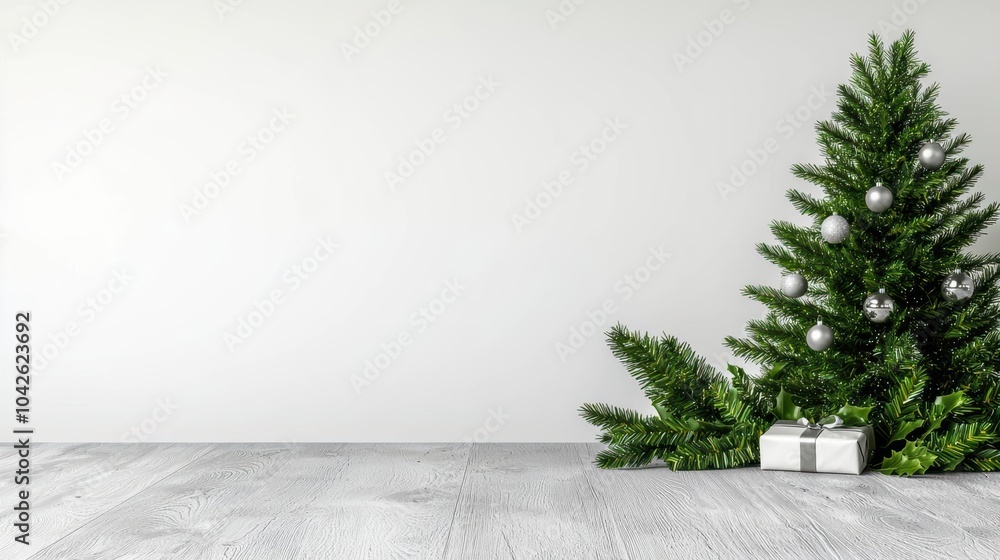 Christmas tree with ornaments and gifts on a wooden floor near a white wall. Christmas tree with ornaments and gifts on a wooden floor near a white wall.