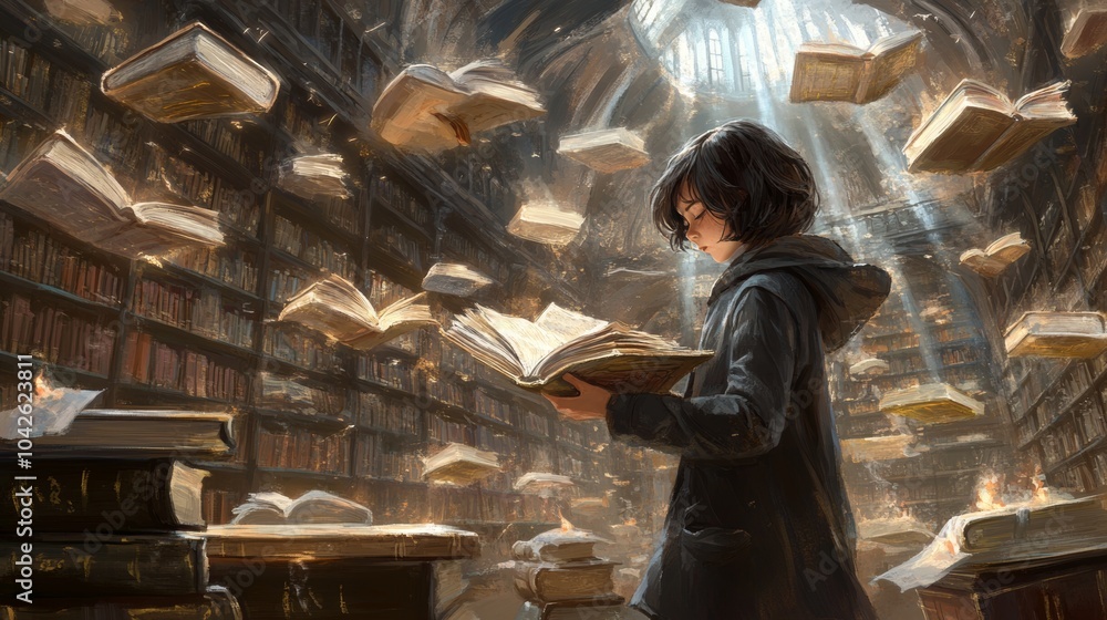 Young Woman Reading in Magical Library with Flying Books Young Woman Reading in Magical Library with Flying Books