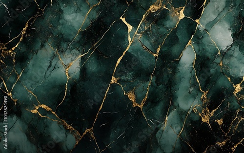 A dark marble texture featuring green tones, intricate gold veining, creating an elegant and luxurious aesthetic.