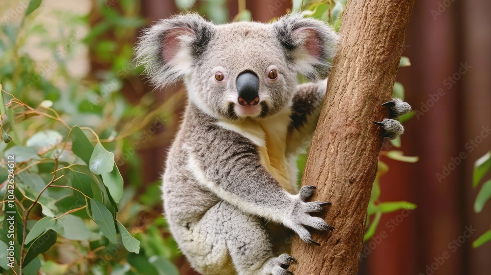 Fototapeta premium A koala clings to a tree, surrounded by eucalyptus leaves, showcasing its natural habitat.
