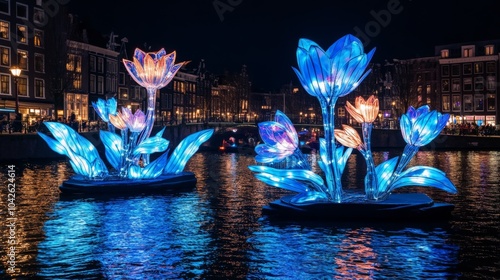 Festival of Lights in Amsterdam with breathtaking light sculptures and artistic projections, lighting up the city waterways and streets.