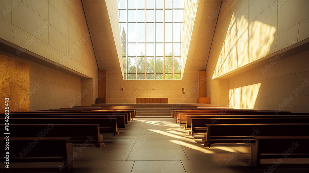 Obraz premium A serene interior view of a modern synagogue during a Hanukkah celebration at sunset