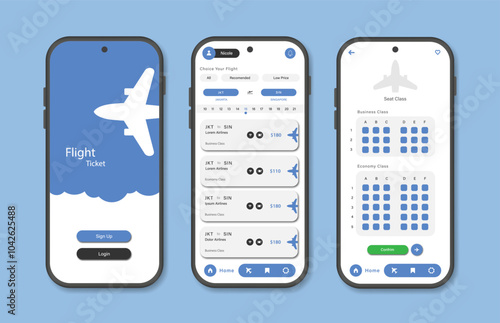 Online airline ticket booking design for mobile application. Airline ticket booking platform screen. Graphical user interface for responsive mobile applications