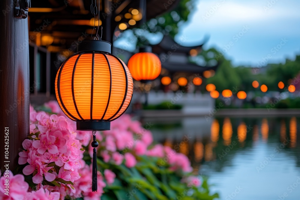 Traditional lanterns hanging from a pavilion, with their soft light illuminating the garden in the evening, casting gentle reflections on the pond Traditional lanterns hanging from a pavilion, with their soft light illuminating the garden in the evening, casting gentle reflections on the pond