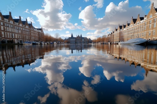 View of the Binnenhof in The Hague, with the historic government buildings reflected in the calm waters of the Hofvijver photo