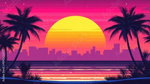 Tropical Sunset over City Skyline Retro 80s Design