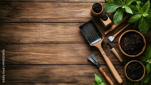 Flat Lay of Gardening Tools and Flower Pots photo