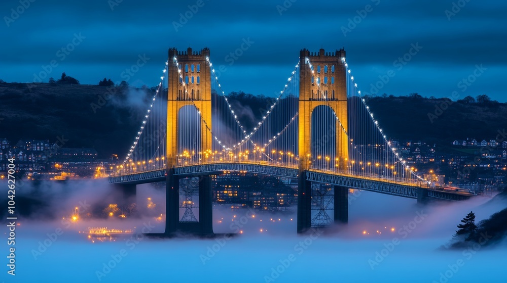 Fototapeta premium Illuminated Suspension Bridge Over Foggy Cityscape at Dusk