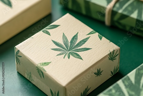 Eco-friendly packaging featuring a green cannabis symbol, designed for a festive look.