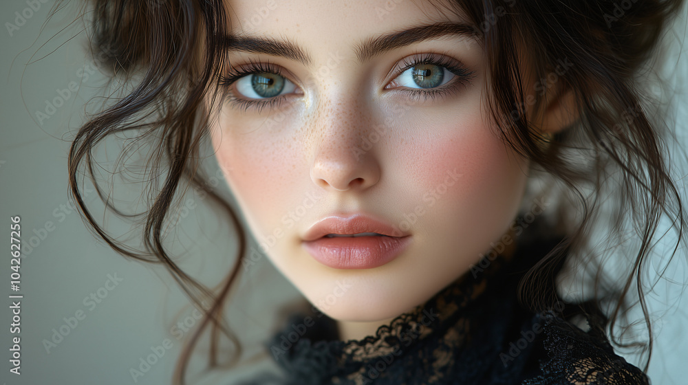 Smiling brunette woman with makeup in close-up portrait highlighting beauty and fashion Smiling brunette woman with makeup in close-up portrait highlighting beauty and fashion