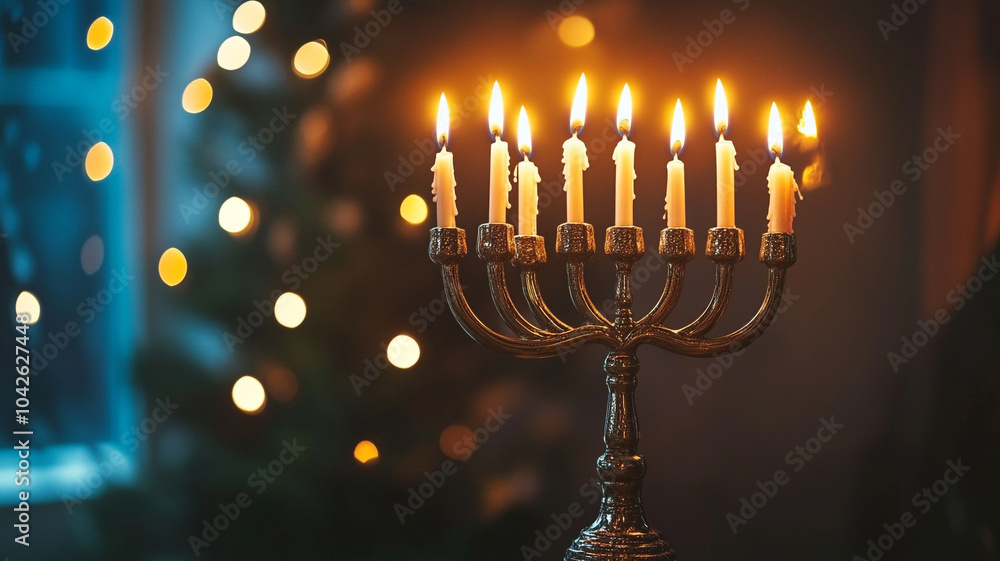 Fototapeta premium A beautifully lit menorah with nine candles during Hanukkah celebrations by a cozy window