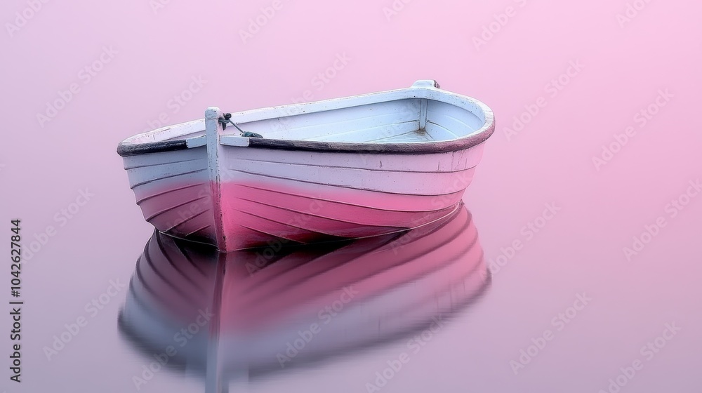 Pink and White Rowboat on Calm Water at Sunset