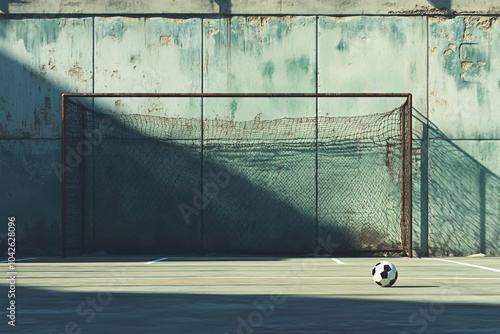 Soccer Ball in Front of a Rusty Goal on a Concrete Field