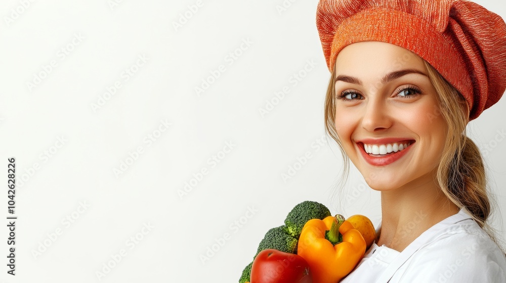 Happy Female Chef Holding Fresh Vegetables Healthy Cooking Concept Happy Female Chef Holding Fresh Vegetables Healthy Cooking Concept