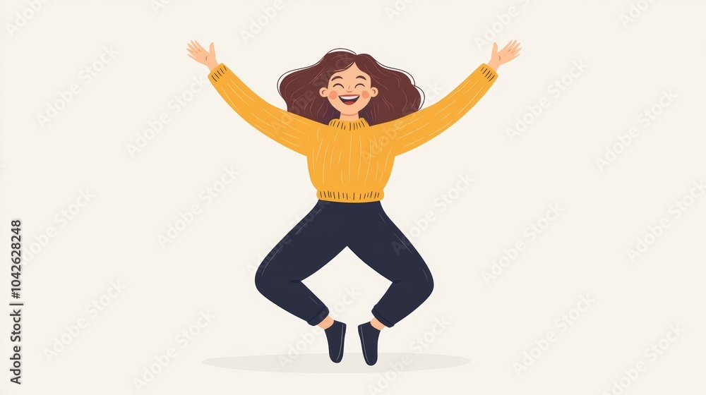 Joyful Woman Jumping with Arms Raised Happy Expression Yellow Sweater White Background Joyful Woman Jumping with Arms Raised Happy Expression Yellow Sweater White Background