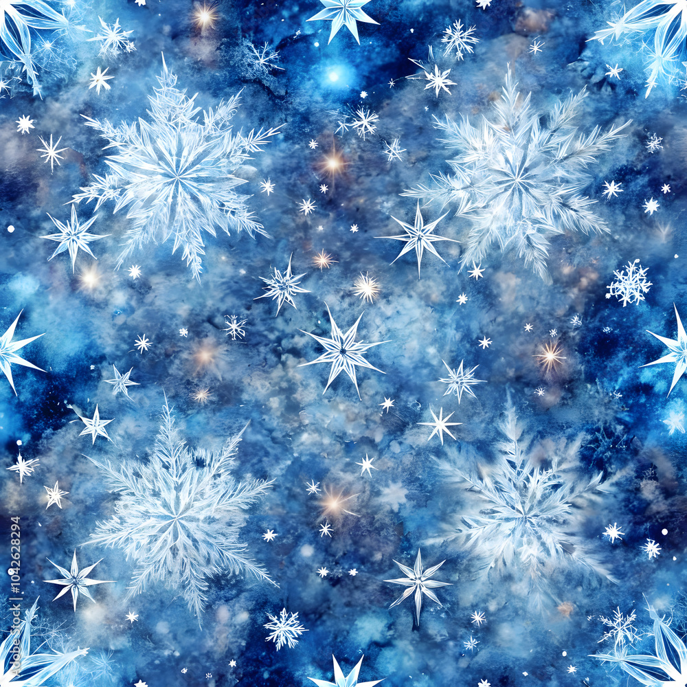Seamless Pattern of Frosted Crystals and Starry Skies Symbolizing Spiritual Awakening. Perfect for: Crystal Healing Sessions, Stargazing Events, Mystical Celebrations