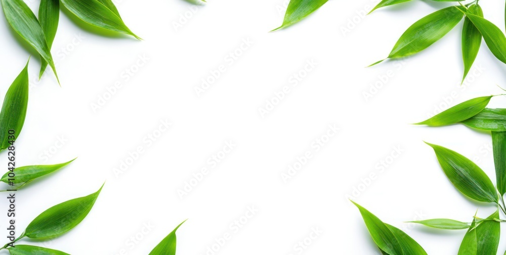 Fototapeta premium A minimalist arrangement of green leaves on a white background, ideal for design or nature themes.