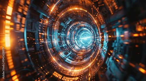 Delve into the complexities of time travel paradoxes with a captivating design Show a dynamic low-angle view of a time machine surrounded by swirling 