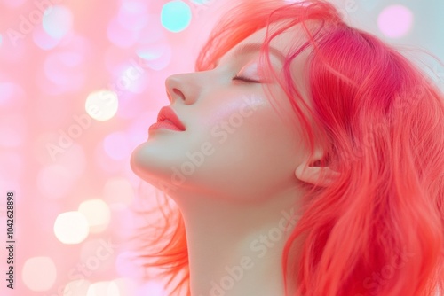 Futuristic Portrait of Woman with Cherry Red Hair and Holographic Glow