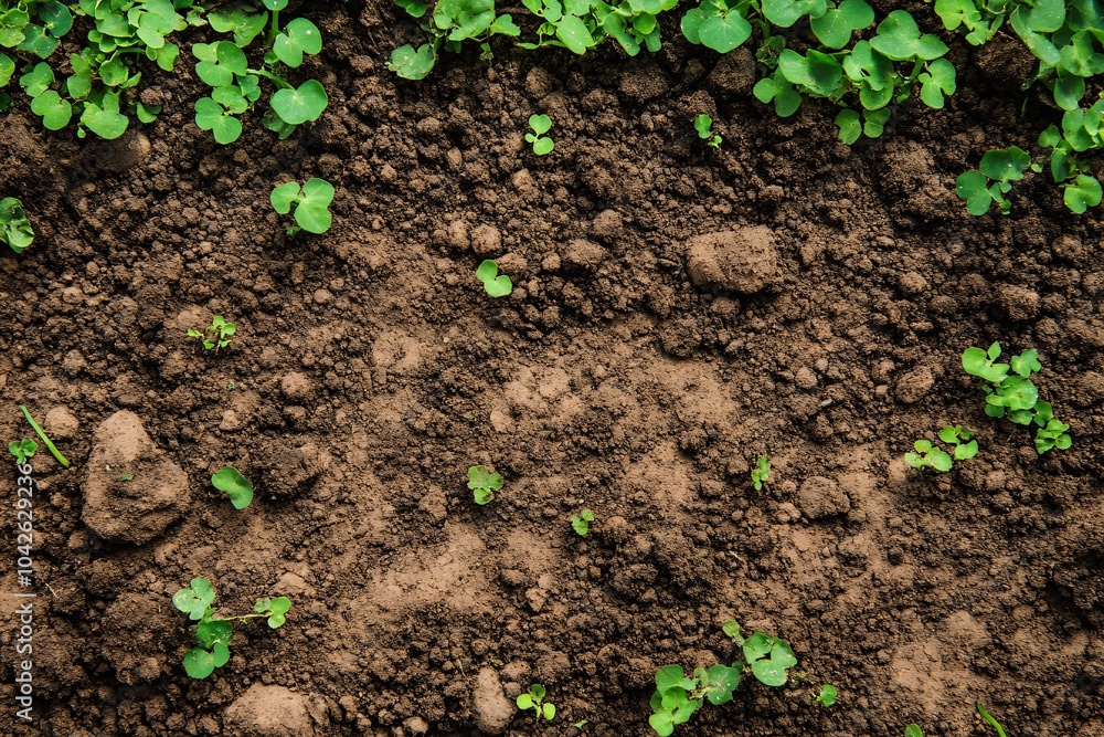 Close-up Texture of Brown Soil with Green Shoots Close-up Texture of Brown Soil with Green Shoots