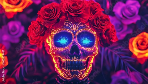 A vibrant sugar skull adorned with roses, glowing in neon colors, celebrating the Day of the Dead festival with artistic flair.