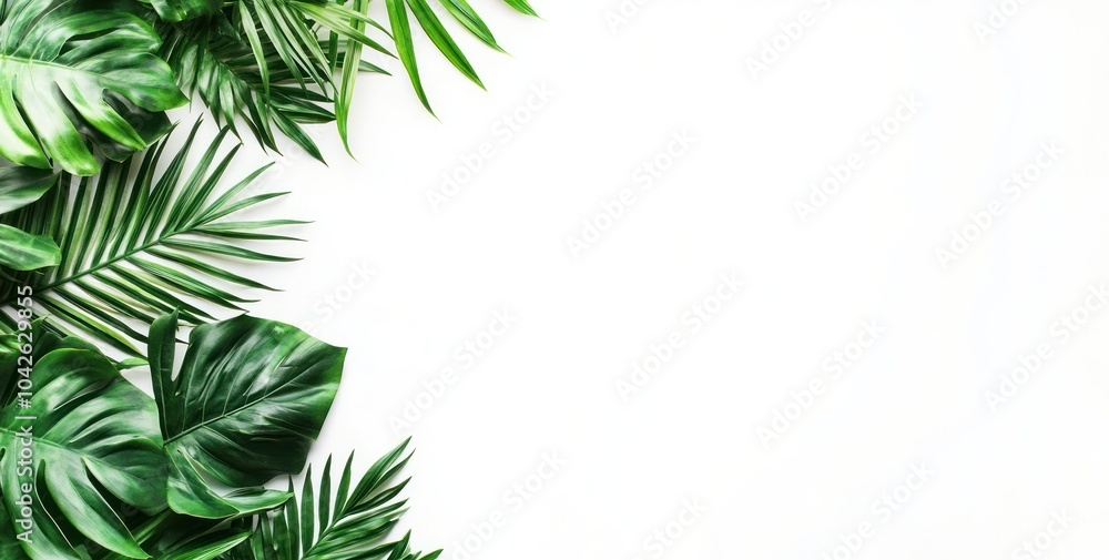 A collection of lush green leaves arranged on a white background for a fresh aesthetic. A collection of lush green leaves arranged on a white background for a fresh aesthetic.