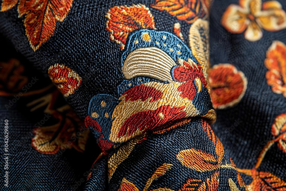 Close-up of intricate embroidered fabric featuring vibrant patterns of leaves and flowers in rich colors. Close-up of intricate embroidered fabric featuring vibrant patterns of leaves and flowers in rich colors.