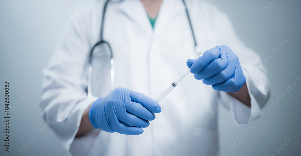 A medical worker wearing a white coat is holding a syringe. Health and medical concept. A medical worker wearing a white coat is holding a syringe. Health and medical concept.