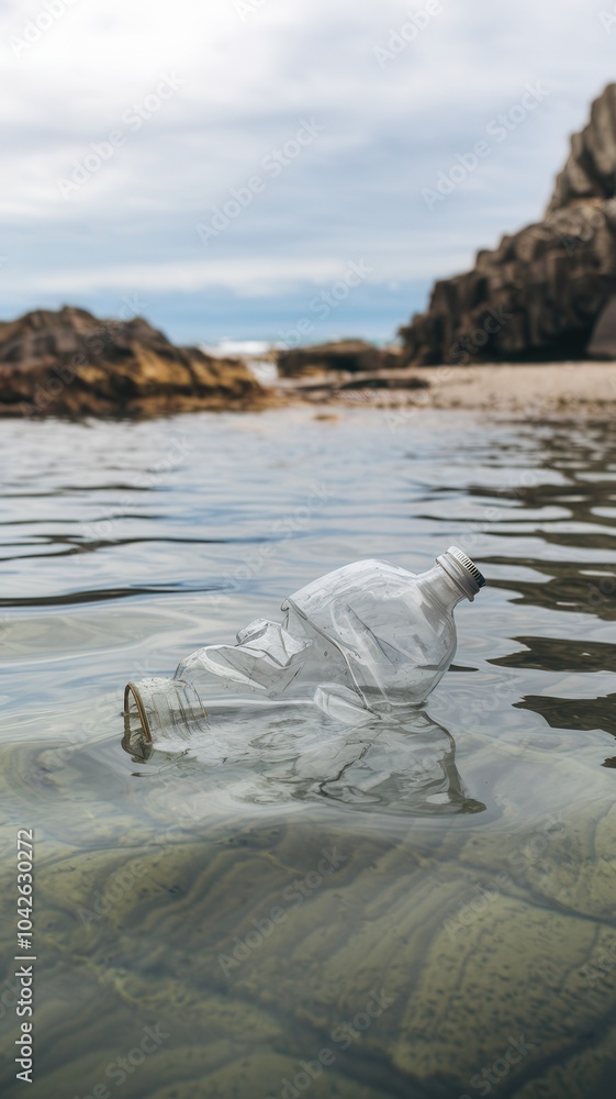 Plastic bottle floating in calm ocean water, pollution in natural environment Plastic bottle floating in calm ocean water, pollution in natural environment
