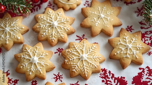 Holiday Cookies Shaped Like Snowflakes on Festive Background