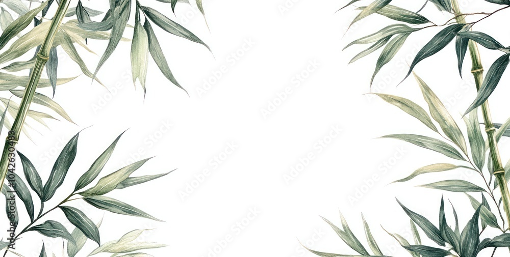 A serene illustration of bamboo leaves framing a blank space, ideal for invitations or backgrounds. A serene illustration of bamboo leaves framing a blank space, ideal for invitations or backgrounds.