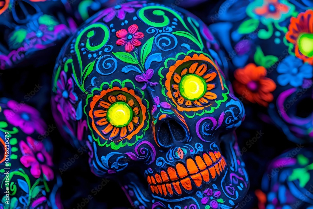 Fototapeta premium Colorful sugar skulls adorned with floral designs, perfect for celebrating Dia de los Muertos in vibrant artistry.