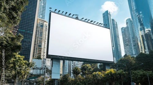 A large, empty billboard in an urban setting surrounded by skyscrapers and greenery.