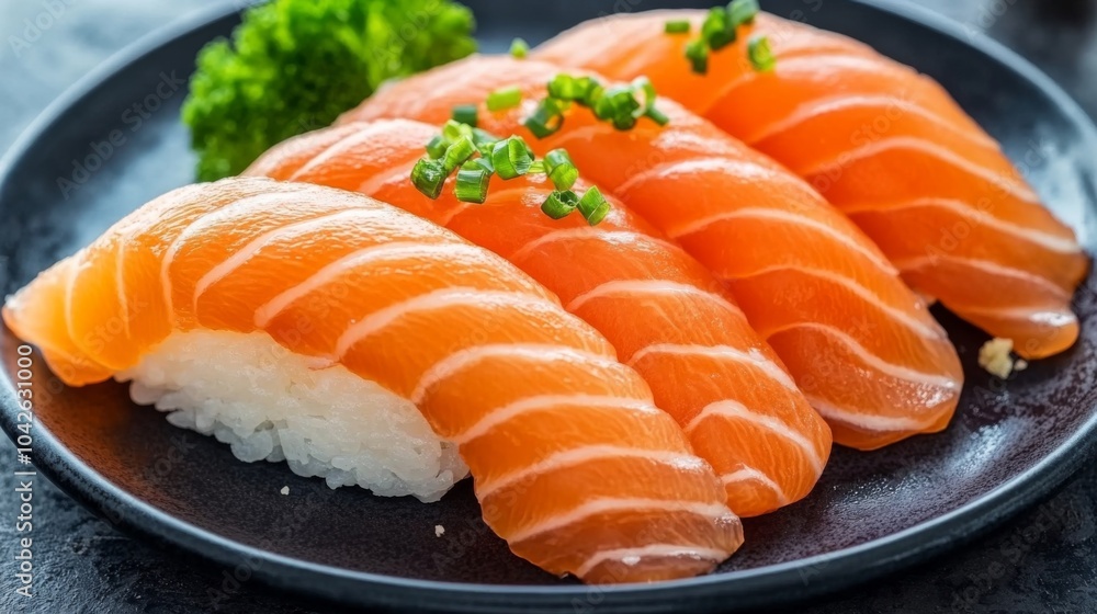 Minimalist Sashimi on Dark Plate with Garnishes Minimalist Sashimi on Dark Plate with Garnishes