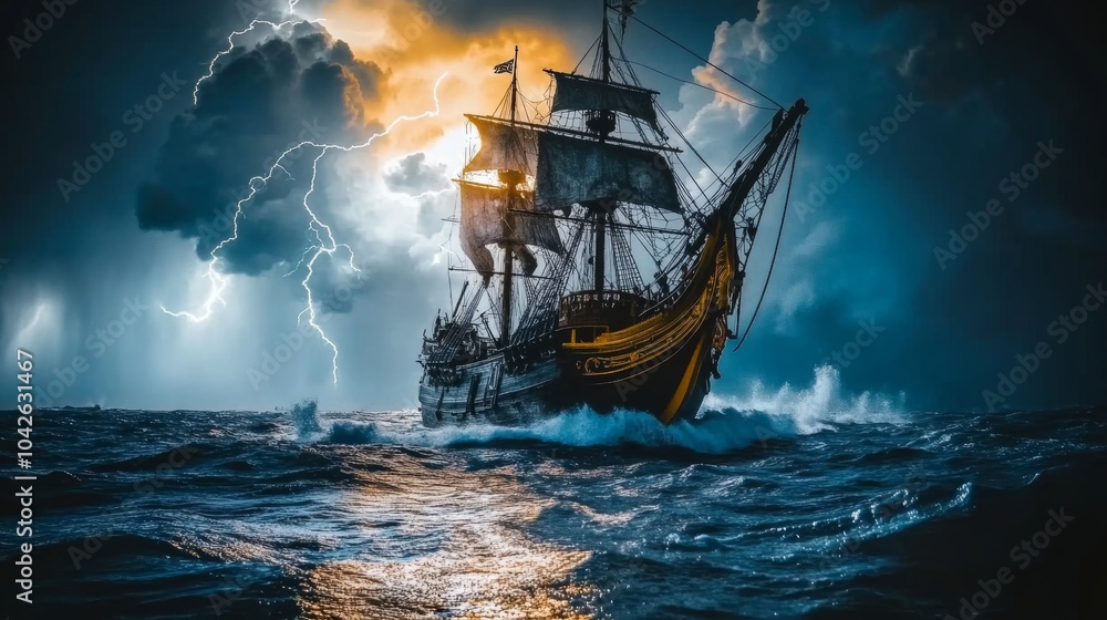 Obraz premium Dramatic Sailboat on the Ocean During a Thunderstorm