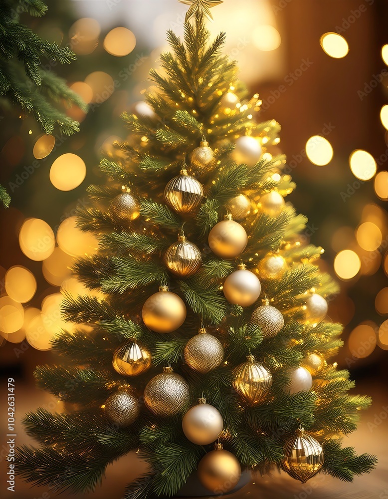 Obraz premium A beautifully decorated Christmas tree adorned with shiny baubles and golden lights in a festive setting. Generative AI