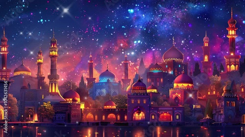 A lantern illuminating the night sky over an ancient city with minarets and domes glowing in vibrant colors of reds, oranges, blues, and purples