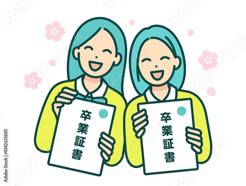 卒業証書を手にした笑顔の女子高生。卒業式のベクターイラスト素材。