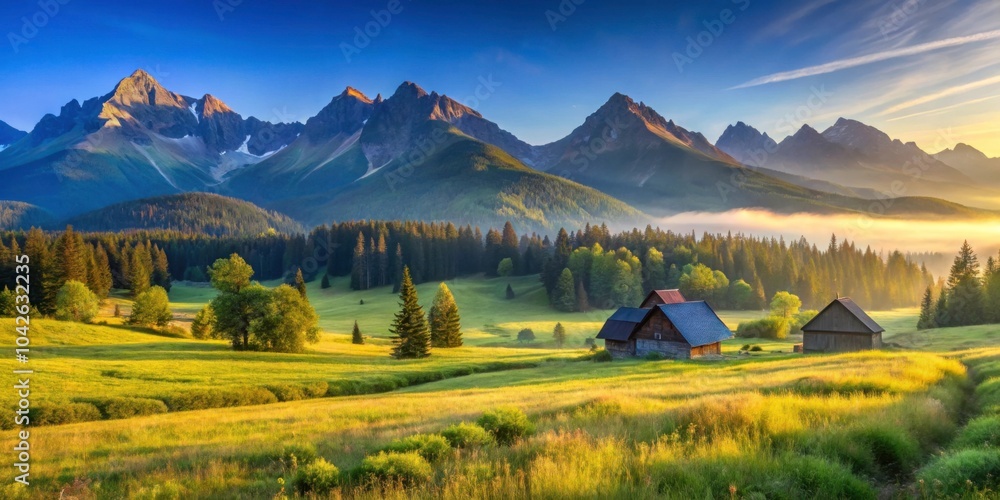 Naklejka premium A stunning summer morning in Hala Gasienicowa valley in the Polish Tatras mountains , mountains, valley, Poland, Tatras