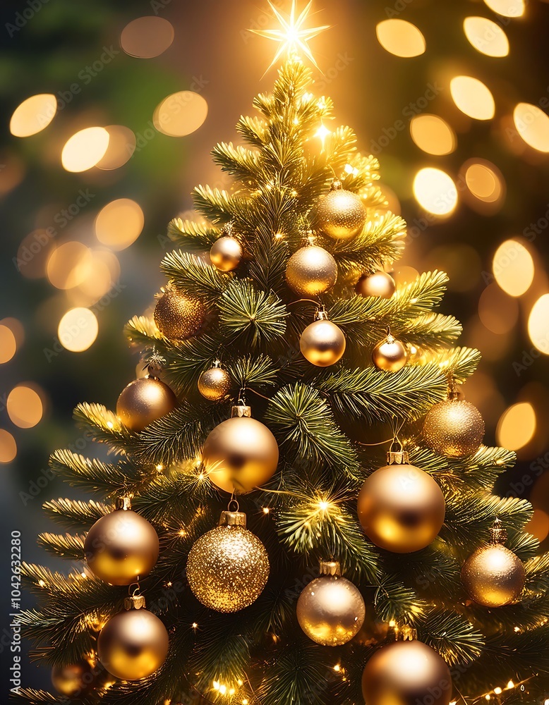 A beautifully lit Christmas tree with golden lights and shiny baubles at a festive celebration. Generative AI A beautifully lit Christmas tree with golden lights and shiny baubles at a festive celebration. Generative AI
