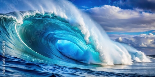 Fototapeta Naklejka Na Ścianę i Meble -  Powerful blue wave crashing on shore, ocean, water, nature, power, wave, splash, coastal, motion, energy, force, tide, surf, sea