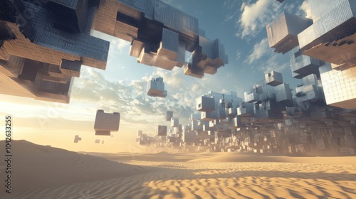 Abstract cityscape floating above desert landscape, surreal art concept photo