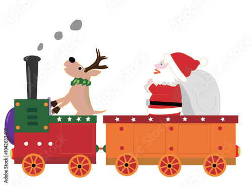 蒸気機関車に乗ってクリスマスを楽しんでいるサンタクロースとトナカイ。