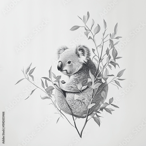 Detailed illustration of a cute koala sitting in a tree surrounded by leaves in a serene wildlife art photo