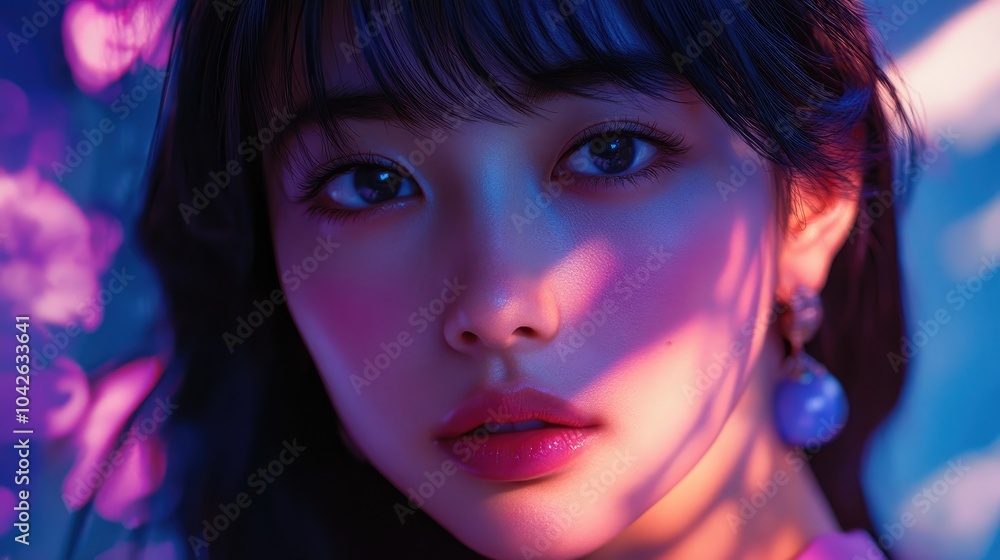 Fototapeta premium Close-up Portrait of a Young Woman with Pink and Blue Lighting