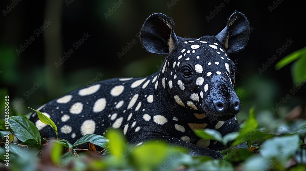 Obraz premium A spotted animal resting among lush green foliage in a forest.