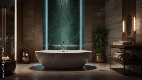 Modern bathroom with a freestanding bathtub, a large mirror, and a green tiled wall with a waterfall. photo