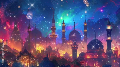 A lantern illuminating the night sky over an ancient city with minarets and domes glowing in vibrant colors of reds, oranges, blues, and purples