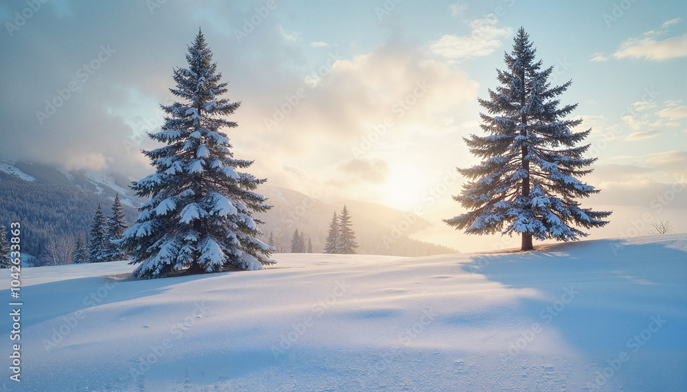 Snow covered winter landscape with pine trees and a golden sunrise, winter landscape, winter solstice concept Snow covered winter landscape with pine trees and a golden sunrise, winter landscape, winter solstice concept
