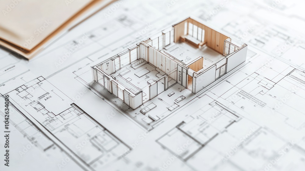 Architectural model on blueprints, illustrating design concepts.